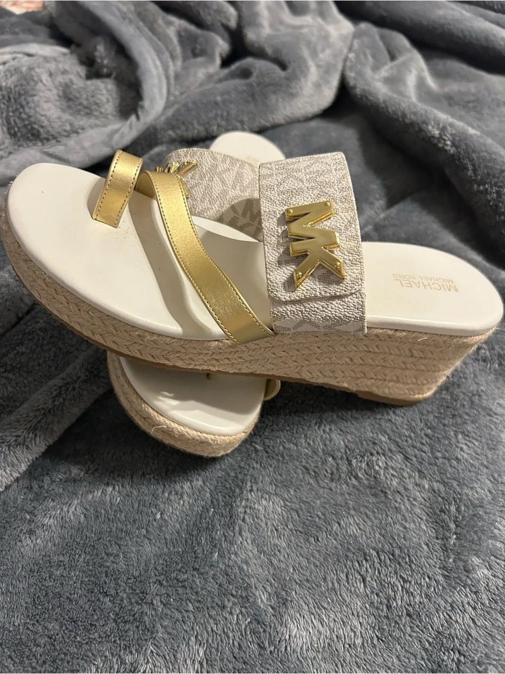 Michael Kors Beige Monogram & Gold Strap Slide Wedges